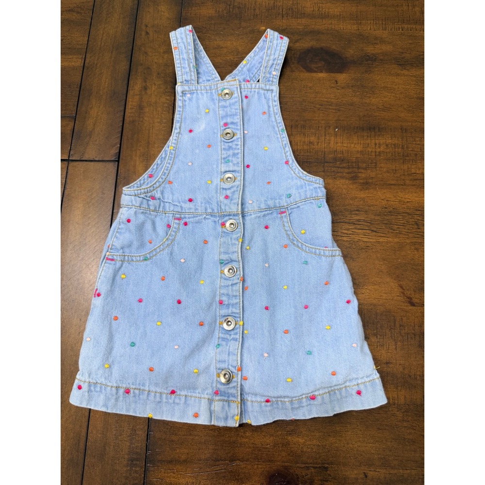 Bopster & Mimi Girls 2T Denim Jumper Dress Embroidered Polka Dot Snap Front Blue